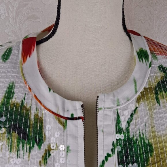 Chico's Size 1 (US S) Zip Front Jacket White Orange Green Clear Sequins Rd Neck - Picture 2 of 11